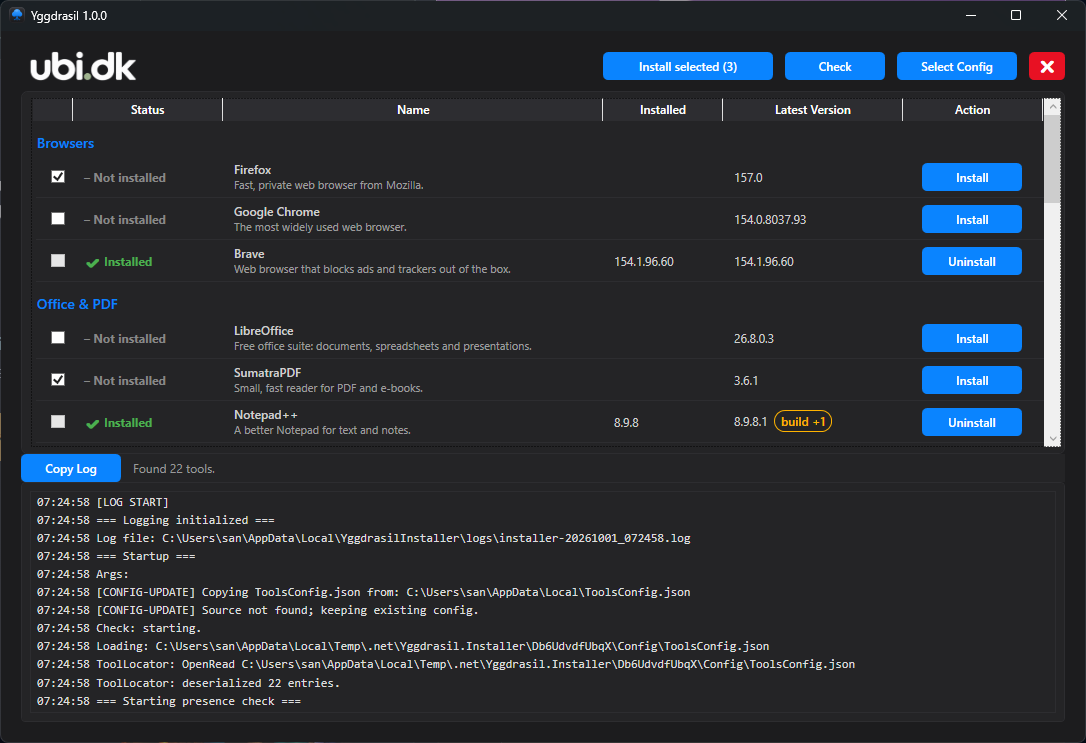 Yggdrasil.Installer med programkatalog, installationsstatus og log.